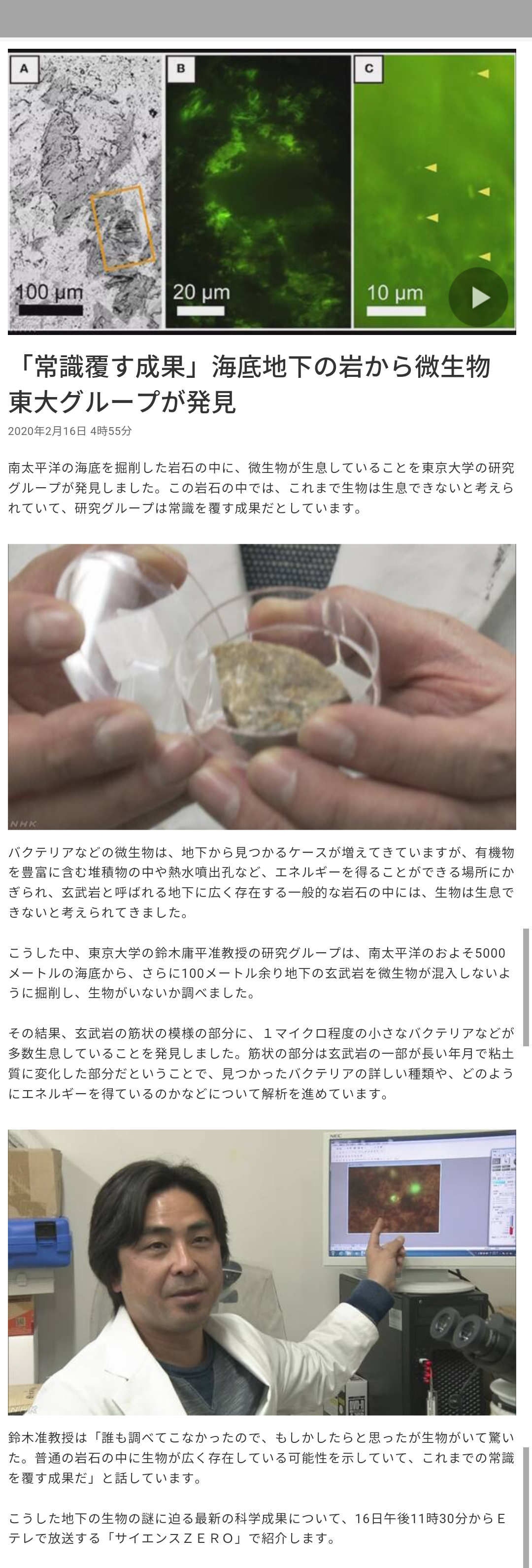 海洋底の玄武岩の中にバクテリアが生息しているらしい
