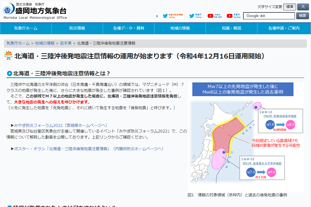 北海道・三陸沖後発地震注意情報というのが令和4年12月16日から運用されるらしい