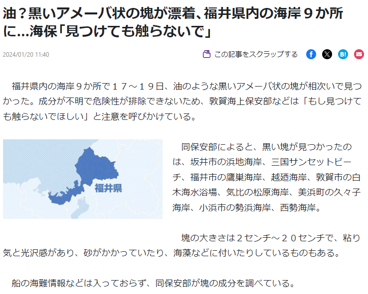 福井県の日本海に面した海岸に黒いアメーバ状の物質が漂着しているらしい