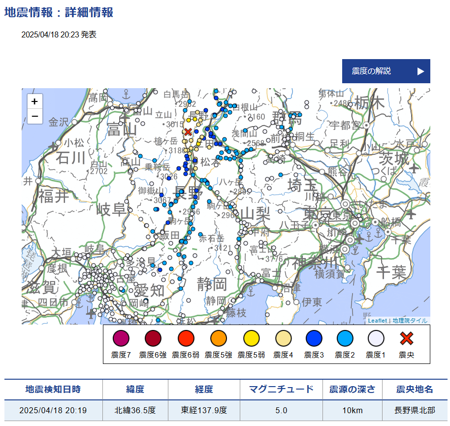 2025/04/18 20:19頃　長野県北部M5.0　dep=10km 最大震度5弱