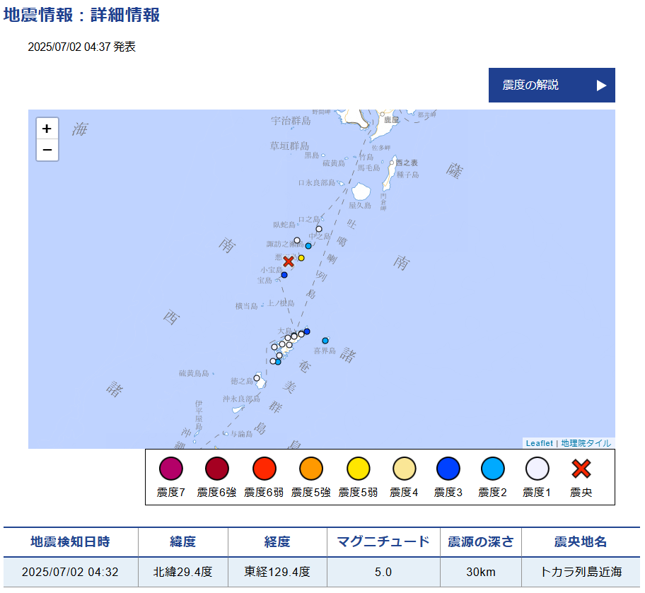 2025/07/02 04:32頃　トカラ列島近海M5.0　dep=30km（最大震度5弱）