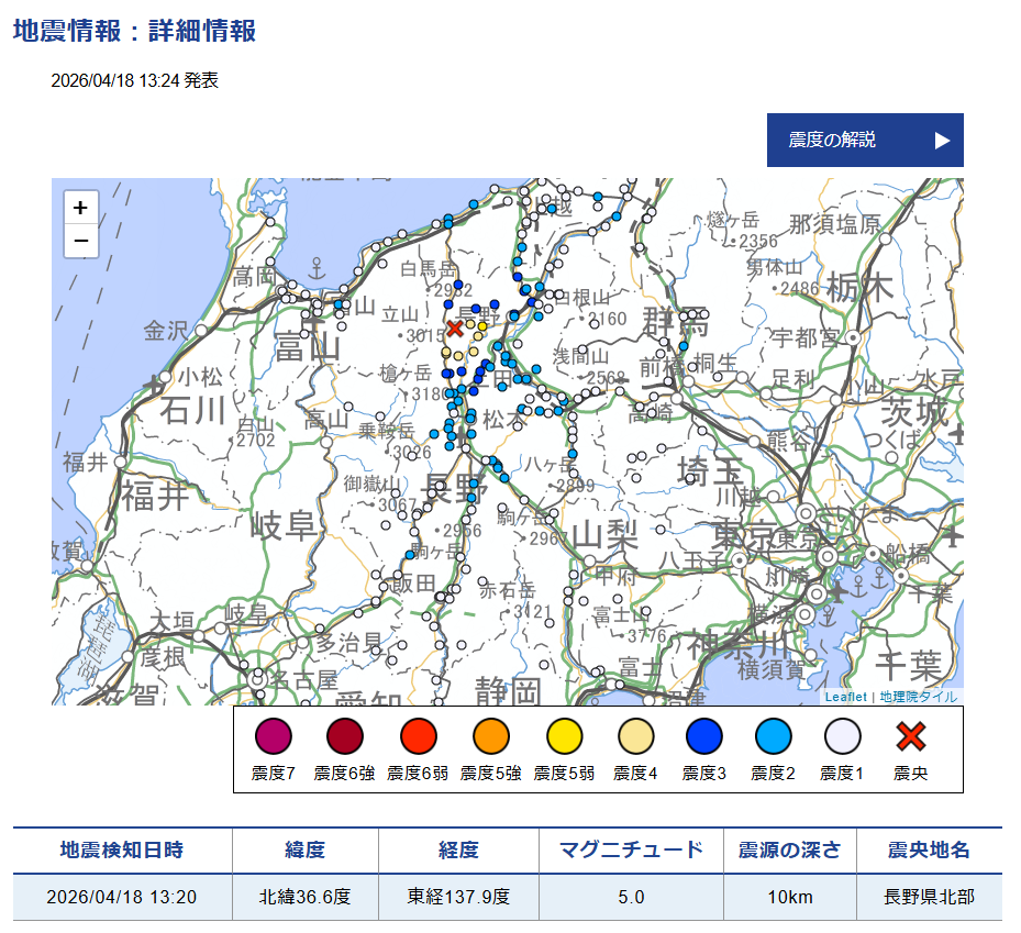 2026年04月18日 13時20分頃 長野県北部M5.0 dep=10km 最大震度5強（2018年5月M5.1の地震とほぼ同じ震源？）