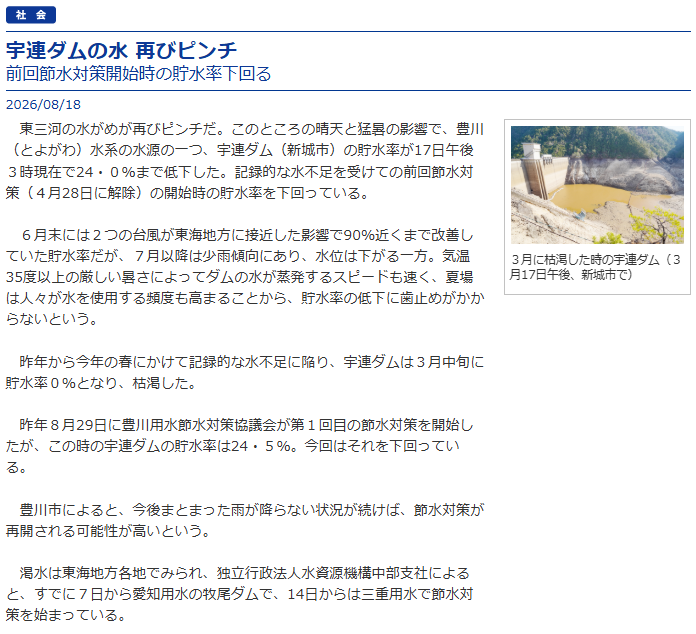 宇連ダム渇水再び