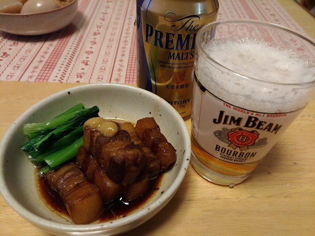 4月2日(日)の居酒屋はぴさん（プレモルをもらったので、豚の角煮を作ってみた）